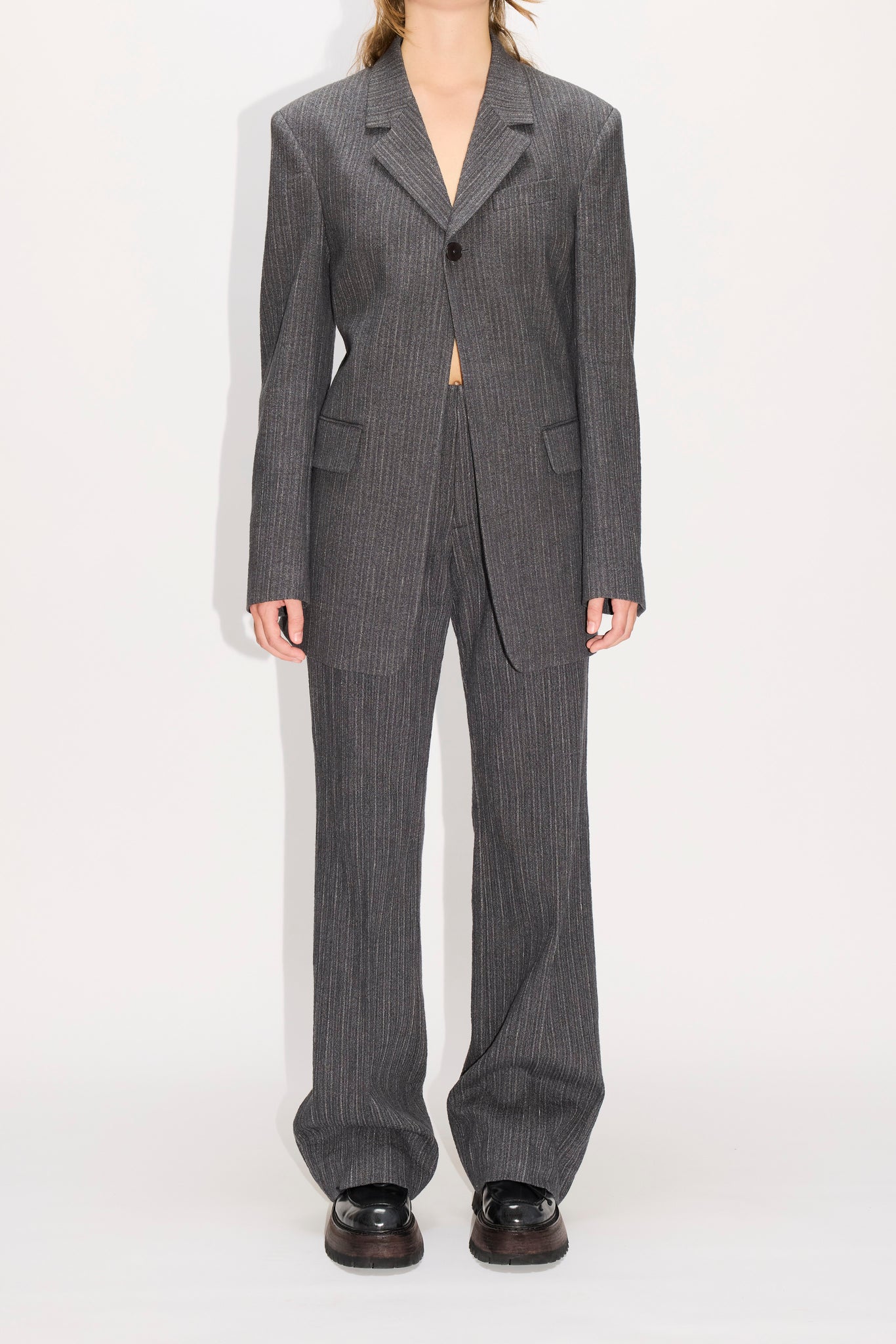 High Buttoned Blazer in Textured Blue Grey Stripe – HOPE STHLM