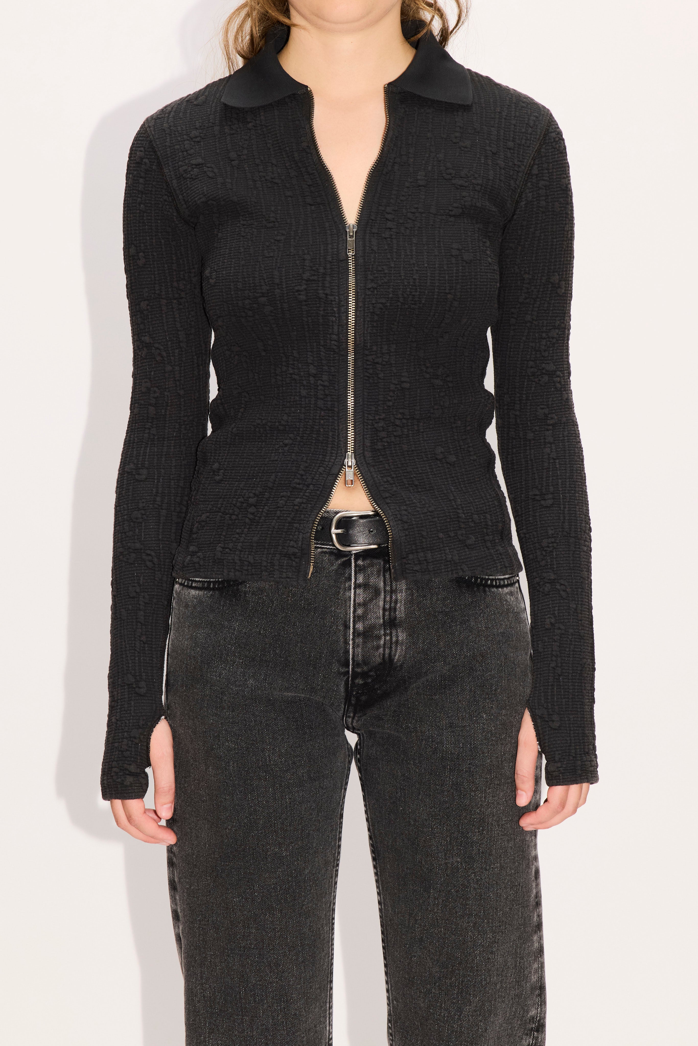 Slim-Fit Zip-Up Top in Faded Black Interlock – HOPE STHLM