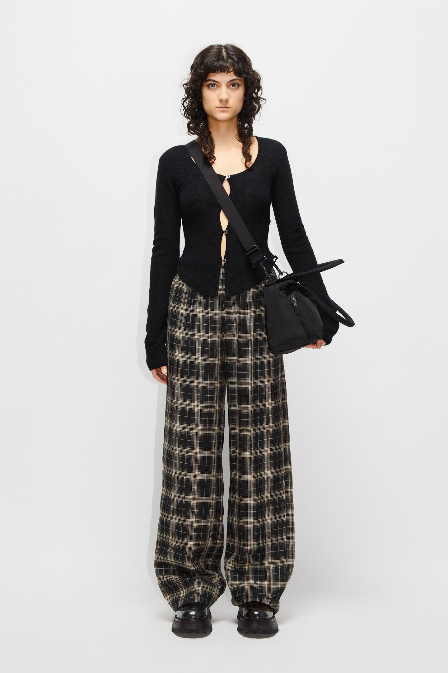 Wide Pyjama Trousers - Wind Elastic Trousers in Black Check